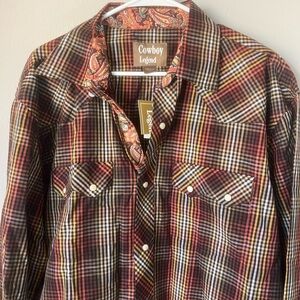 NWT Men's Western Plaid Pearl Snap Shirt with Paisley accents